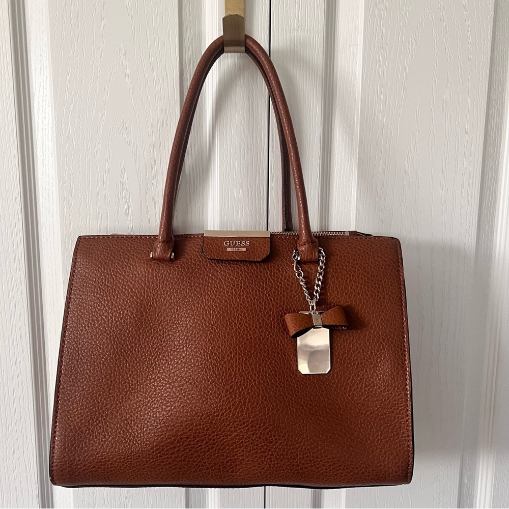 Guess Faux Leather Tan Rich Cognac Brown Structured Satchel Tote Bag - Picture 3 of 16